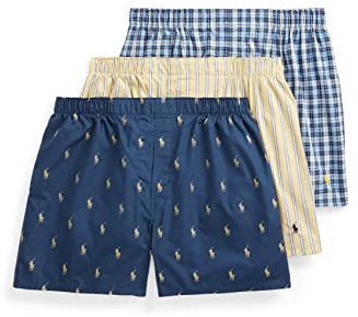 POLO RALPH LAUREN Men's Classic Fit Woven Cotton Boxers, Rustic Navy/Campus Yellow, Summer Stripe/Cruise Navy, Sag Harbor Plaid/Polo Yellow, Large