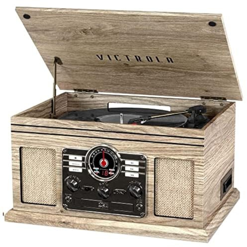Victrola Nostalgico 6 in 1 Bluetooth Giradischi e Centro multimediale con altoparlanti integrati, giradischi a 3 velocità, lettore CD e cassette, radio AM/FM | Streaming musicale wireless | Farina