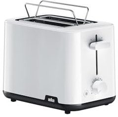 Braun Hogar Breakfast1 Tostadora de 2 Rebanadas, 8 Niveles de Tostado, Bandeja para Migas Extraíble, Elevador de Pan, Calentador de Panecillos, 900 W, HT1010WH, Plástico, Blanco