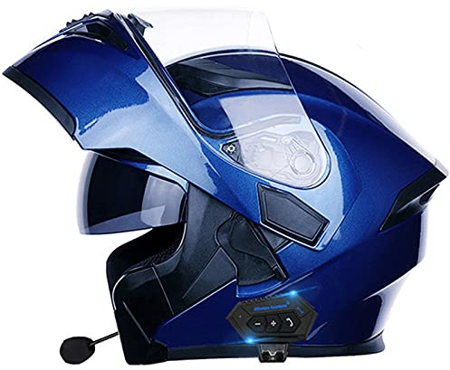 Casque De Moto Modulable Bluetooth Intégré Homologué ECE/DOT Avec Double Visière Anti-Buée Et Microphone Casque De Moto Intégral Pour Hommes Femmes Adultes Blue,L