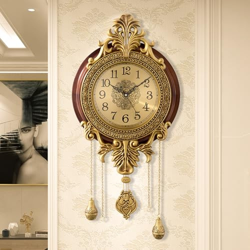 Poserion Decorative Pendulum Wall Clock Quartz Movement Vintage Silent Non Ticking Large Antique Metal Wooden Home Office Clocks