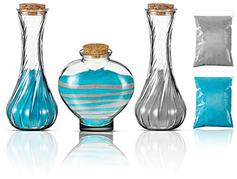 Eaasty Juego de 3 jarrones Decorativos Hechos a Mano con Tapas de Corcho, 1 Libra de Arena de Colores, tarros de Vidrio Decorativos para Boda, para Ideas de Ceremonia de Boda (Gris, Azul)