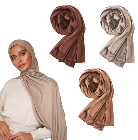 VOILE CHIC Écharpe hijab en jersey de qualité supérieure pour femme – Écharpe islamique enveloppante hijabs, Taupe, vanille, moka, 3 Paquet