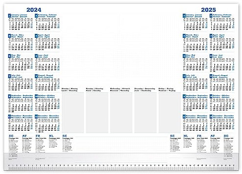 PRIMUS PRINT Schreibtischunterlage Jahreskalender, Papier DIN A2-2024 & 2025-80g Dickes Naturpapier - Stabiler Papprücken - 25 Blatt - mit Schutzleiste - Büro und Homeoffice [Kalender mit Fußleiste]