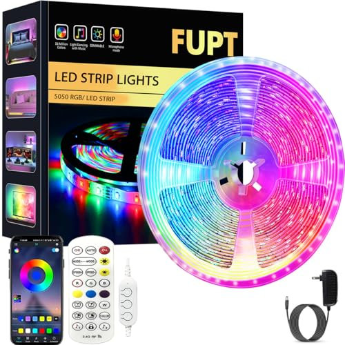 FUPT LED Strip 10 m, Bluetooth LED Strip RGB 12 V with IR Remote Control App Controllable Music Mode, LED Strip Self-Adhesive for Lighting Home, Party, Kitchen