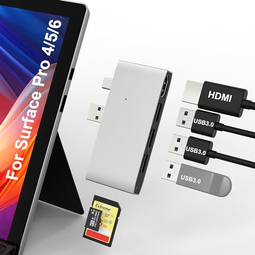 Surface Pro 4/Pro 5/Pro 6 estación de Acoplamiento USB Hub - USB 3.0x3 Hub Adaptador, Lector de Tarjetas de Memoria SD y TF/Micro SD, convertidor de Puerto HDMI 4K Accesorios para Surface Pro