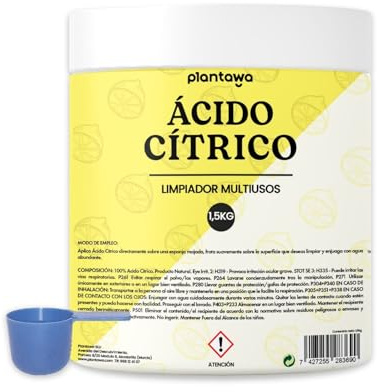 PLANTAWA Acido Citrico 1,5 kg | Acido Citrico polvo versátil y soluble | Ideal para limpieza del hogar | Envase resistente y apilable | Producto puro y sin aromas
