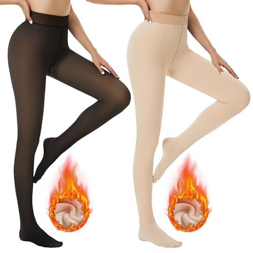 DDOBB 2 Pack Fleece Lined Tights for Women High Waisted Fake Translucent Thick Sheer Warm Winter Footed Pantyhose Ladies Stretch Stocking(A-BALCK+BEIGE L)