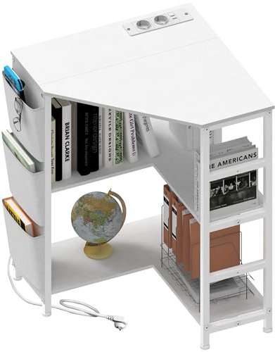 VEDECASA Weiß Druckertisch, Ecke Druckerständer 3-stöckiger, Druckertisch mit Ladestation,Druckerständer auf 2 Steckdosen und 2 USB Ports Seitentaschen verstellbaren Füßen CPU Ständer Halter für Büro