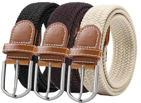 RichLuck Männergürtel 3 Packungen, Elastischer Geflochtener Gürtel für Männer, Lässiger Streckgürtel mit Bedeckter Lederschnalle für Herren -Jeans (Schwarz, Braun, Khaki)