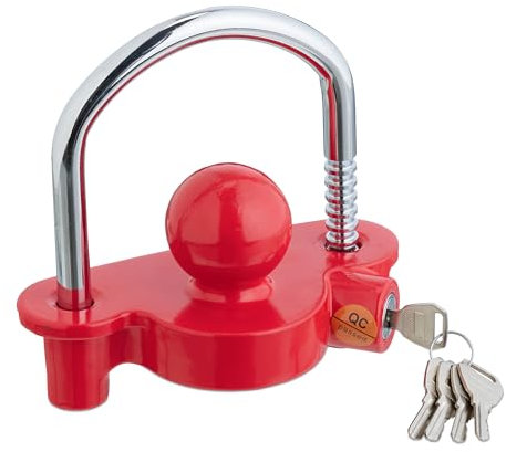 Relaxdays Antifurto per Rimorchio, Blocco per Auto, Dispositivo di Protezione per Caravan Lucchetto con 5 Chiavi, Rosso, Alluminio, 15 x 15,5 x 7,5 cm