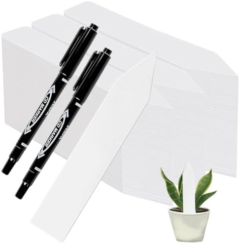 Targhette per piante, 200 targhette per piante da scrivere, etichette in plastica, con 2 pennarelli per semi, piantine, verdure, fiori, piante in vaso, bianco, 10 x 2 cm