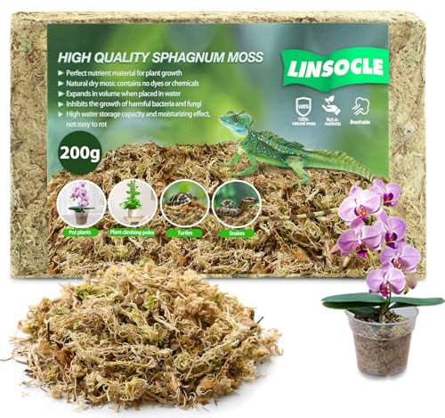 LINSOCLE Sphagnum Moos 200g, Spagnummoos für Pflanzen,Moos für Orchideen als Moosstab & Terrariums - Substrat | Peat Moss | Ideal für Indoor - Pflanzenzucht und Terrariums - Dekoration