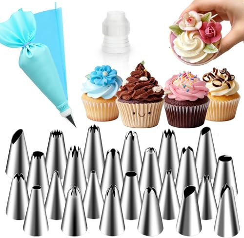 Hendiy Piping Tips, 26 Pieces Frosting Piping Kit Stainless Steel Icing Tips, Pastry Tips for Cake Decorating with Reusable Piping bag and Coupler