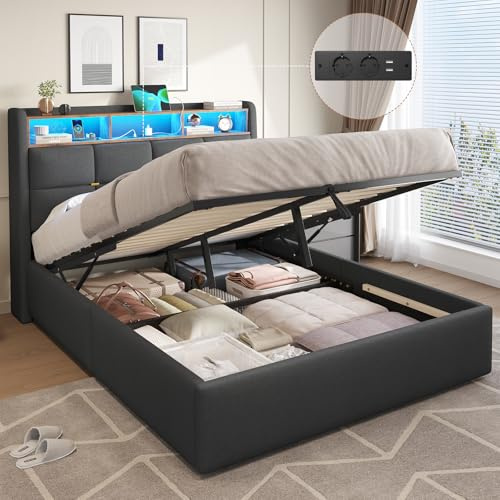 DICTAC Lit Coffre 140x190 avec Sommier,Lumières LED et Prise Cadre de Lit 140x190 avec Rangement,lit 2 Personnes 140 x 190 avec Tete de Lits,Lits Rembourré en Lin pour Adulte,Gris Foncé-sans Matelas