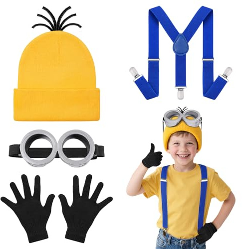 DiULi Accesorio de Disfraz, 4 Piezas Accesorios Amarillo de Cosplay para Niños, Kit de Decoración con Animados Gafas, Sombrero, Guantes y Tirantes Azules, para Fiestas, Halloween, Carnaval