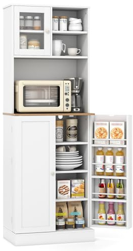 COSTWAY Armario Despensa de Cocina, Armario Buffet con Estante para Microondas, 8 Estantes con Puertas y 5 Estantes Ajustables, Gabinete de Despensa de Cocina para Sala de Estar, 60 x 35 x 170 cm