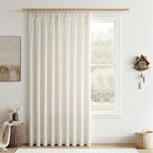 CUTEWIND Cortina Dormitorio Lino Blanco Cortinas de Lino para Salon Cocina 1 Pieza para Riel con Cinta Fruncidora 200cm Ancho x 145cm Alto, Visillo Translucido Moderno para Ventanas