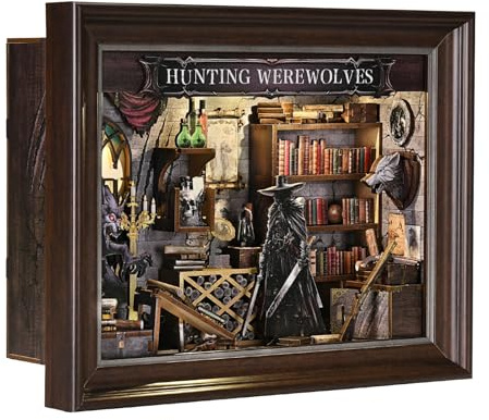 ETKVR Book Nook Kit, Libreria a Forma di Cornice, Kit per Casetta Delle Bambole in Miniatura da Fissare Alla Parete, Modello di Puzzle 3D in Legno Fai da Te per Decorare La Libreria - Werewolve