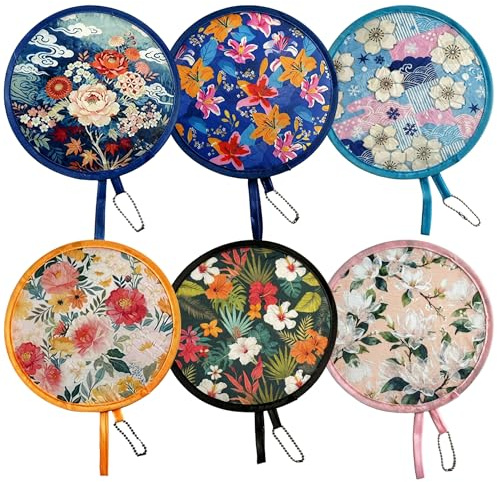 Juego de 6 abanicos de mano plegables con motivos florales, abanico plegable de mano con diseño vintage de disco volador, abanicos redondos portátiles para viajes de verano y recuerdos de boda
