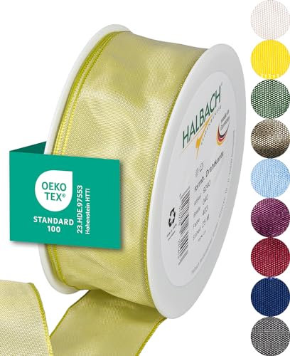 Halbach Seidenbänder Premium Geschenkband mit Drahtkante | Breite 40mm Länge 25m | Öko-Tex 100 zertifiziertes Schleifenband | Taftband Made in Germany, Farbe: hellgrün