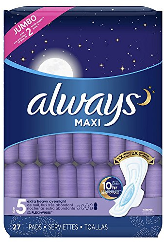 Always Maxi Overnight Extra Heavy Flow with Wings, Unscented Pads 27 Count (Jumbo)