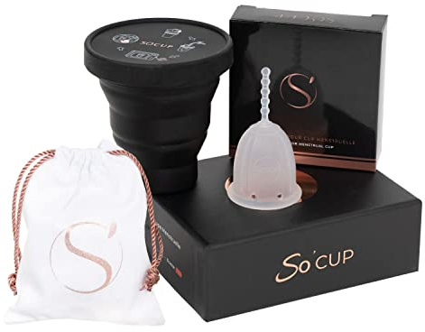 Cup Menstruelle SO CUP Fabriquée en France - Coffret kit 1 Coupe Menstruelle 100% Silicone Médical + Stérilisateur + Guide d'Utilisation + Pochette de Rangement - Taille S (Flux Léger ou Moyen)