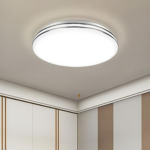 VIPMOON 12W Small LED Ceiling Light, 1080LM 6500K Cool White Silver-Rimmed Round Flush Mount Ceiling Lamp for Bedroom, Kitchen, Garage Hallway, Porch, Cabinet Office, Children's Room