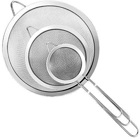 Juego de 3 coladores de malla extrafina con asa, tamiz de metal de tamaño pequeño, mediano y grande, tamiz de acero inoxidable, coladores de malla fina para cocina, arroz, jugo, quinua, alimentos