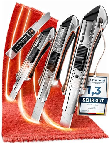 CRAFTUS® Profi Cuttermesser Set [3 Stück] aus Aluminium für Maximale Lebensdauer, Robuste Teppichmesser inkl. 10 SK5 Carbonstahl Abbrechklingen 18mm, für Heimwerker & Gewerbe