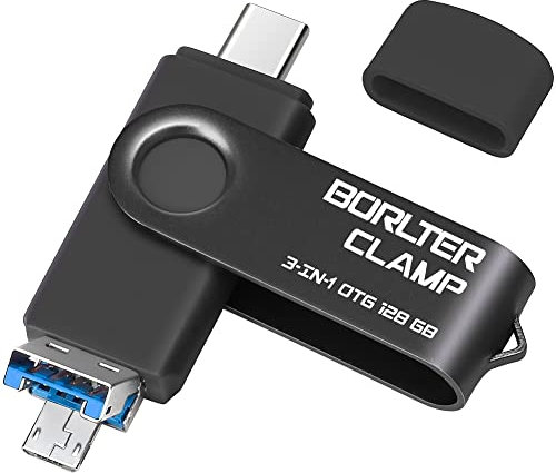 Chiavetta USB 3.0 da 128 GB Unità Flash 3 in 1 per Telefoni Android, BorlterClamp Pendrive OTG Pennetta USB con 3 Porte USB (USB C/microUSB/USB 3.0) per Samsung Galaxy, PC e Altro (Nero)