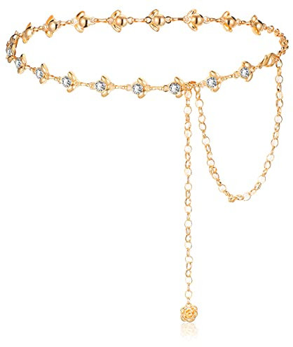 Kettengürtel für Frauen Langer Taillengürtel für Kleid Kristall Taillenkette Strass Breiter Damen Gürtel (Gold, 120 cm)