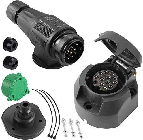 SPARKMOTO Spina Rimorchio 13 Poli E Presa Rimorchio 13 Poli,Norma ISO11446,12V Spina Presa Rimorchio 13Poli Impermeabile per Auto RV gancio traino,con Guarnizione Kit isolante E copertina verde(Lungo)
