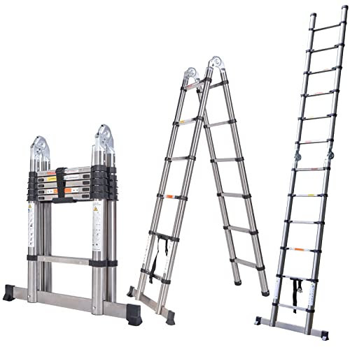 Multifunctional Telescopic Ladder Stainless Steel Articulated Extendable Ladder 3.8m(1.9m+1.9m), Multipurpose Folding 12 Steps Ladder & Straight Ladder,330lbs Large Loading Capacity