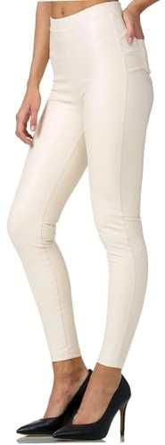Glamexx24 Damleggings, konstläder, hög midja, skinny byxor, läderutseende, treggings, Vit med po-fickor, M Smal