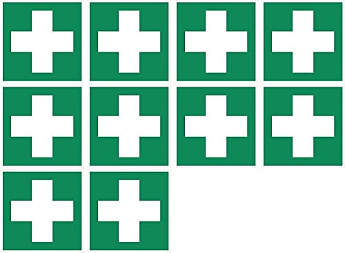 10 Stück – Aufkleber Rettungszeichen Erste Hilfe Symbol Schild Folie selbstklebend nach ISO 7010 | B-Ware 5x5cm Made in Germany