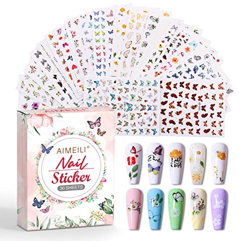 AIMEILI 30 Sheets Nail Art Stickers Colorful Butterfly Flower 3D Self-Adhesive Nail Stickers for Nail Art Decoration