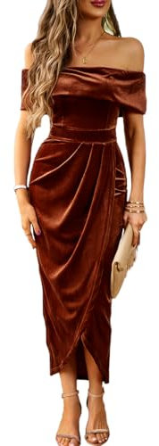 Kuukaas Cocktailkleid Damen Samt Winterkleid Elegant Lang Weihnachtskleid Braun Abendkleid Bodycon Festlich XL