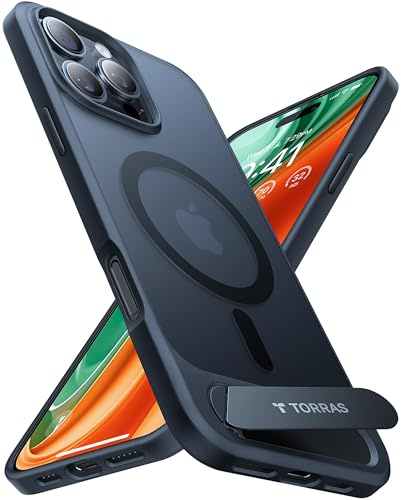 TORRAS for iPhone 16 Pro Max Case [Durable Titanium Stand] [25W Wireless Charging] [TOP 19N Magnetic] [12FT Drop Protection] for iPhone 16 Pro Max Cover - Midnight Black
