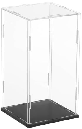 sourcing map Acrylic Clear Display Case for Collectibles Self-Assemble Display Boxes Black Base Dustproof Countertop Storage Box for Collectibles Figures, 3.9 x 3.9 x 7.9 Inch