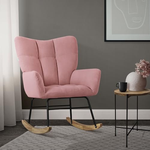 ML-Design Schaukelsessel Rosa, Schaukelstuhl mit Bezug in Frottee-Optik, Gepolsterter Schwingsessel mit Holzkufen, Relaxsessel mit Armlehnen für Wohnzimmer/Schlafzimmer/Balkon, Relaxstuhl Ohrensessel