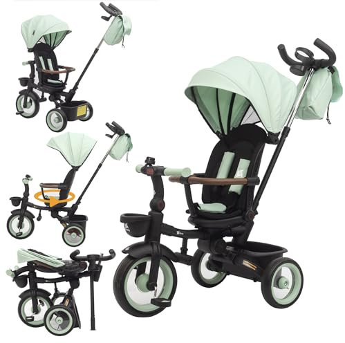 Twinly - Evolutionäres Dreirad für Babys, Sami, faltbar, mit drehbarem Sitz, um 360 Grad drehbar, 2 Jahre – Kinderwagen, Lauflernspielzeug, 1-5 Jahre oder 25 kg – Licht, ausziehbares Verdeck (Green)