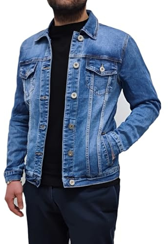 VEQUÈ Giubbotto Uomo Di Jeans Giacca Denim Giubbino Slim Cotone Leggero Estivo Casual Bottoni Tasche Frontali (IT, Testo, XL, Regular, Regular, Blu Chiaro)