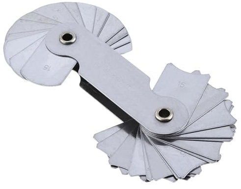 Galgas de espesores, Medidor de radio de acero inoxidable de alta precisión R15-25A7C08 (32 unidades) con rango de cuchillas de 15 a 25 for medición industrial. para bujías, válvulas, pistones y guita