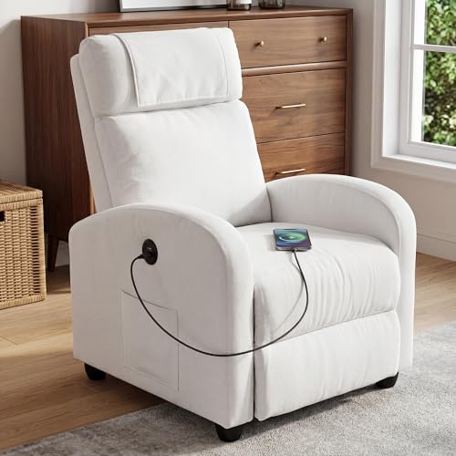 BonVache Recliner Armchair For the Elderly,Lounge Sofa Seating with Type C+USB Ports,High Back Chairs with Dual Side Pockets,Adjustable Leg Rest,for Living Room Bedroom Reading TV,White