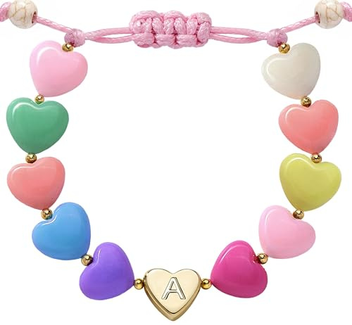 A Initial Heart Bracelets for 3/4/5/6/7/8/9/10/11/12/13/14 Year Old Girls Women, Mothers Day Gifts for Daughter, Colorful Charm Bracelet, Personalized Birthday Jewelry for Mom, Tollder, Teen,Galentines