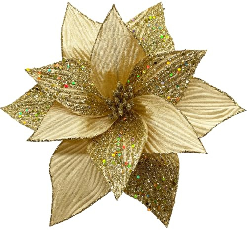 GL-Turelifes Fiori di Natale grandi glitterati da 29,8 cm, 6 pezzi, in velluto, stella di Natale, ornamenti glitterati, grandi fiori per albero di Natale, ghirlande (Oro)