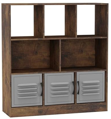 URBNLIVING Estantería asimétrica rústica marrón de 8 cubos, unidad de almacenamiento independiente con 3 puertas, puertas de metal, color gris