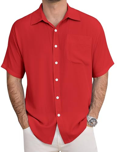 URRU Mens Button Down Shirts Casual Lightweight Short Sleeve Shirt Beach Shirts Fashion Summer Dress Shirts Red XL