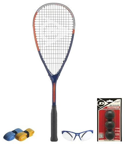 CX Pro Sport Tristorm Pro Squash Set – Includes 1 Dunlop Tristorm Pro Racket, 3 Progress Balls, 1 Dunlop Protective Eyewear Competition blue & 2 CX Pro Sport Grips – Exclusive Bundle
